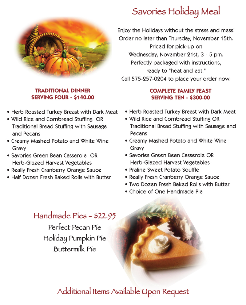 Savories Culinary Experience Holiday Menus and Offerings
